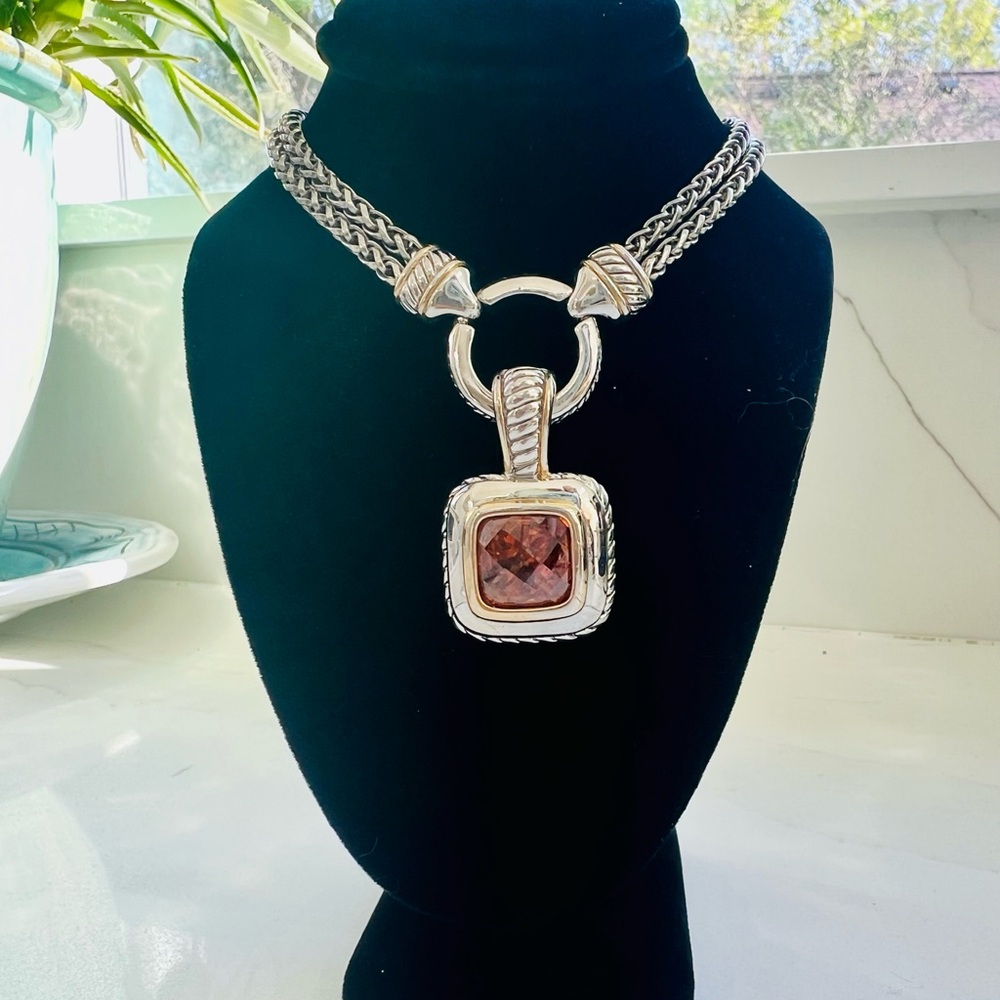 David Yurman Style Silver Necklace with Smoky Amber Gem Pendant